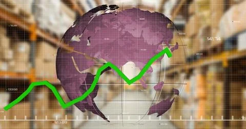Image of financial data processing over globe and warehouse Stock Photos