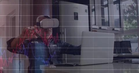 Image of financial data processing over caucasian man using vr headset Stock Photos
