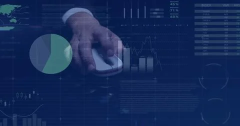 Image of financial data processing over hand of caucasian businessman using Foto stock