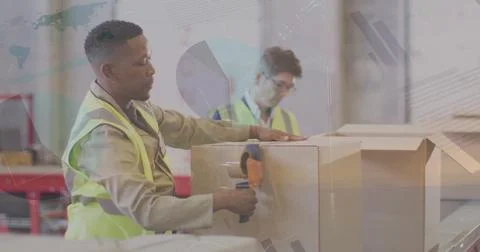 Image of financial data processing over diverse workers in warehouse Foto stock