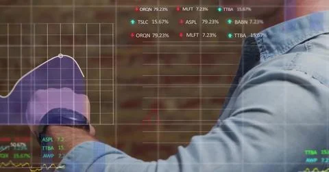 Image of financial data processing over caucasian man checking smartwatch Stock Photos