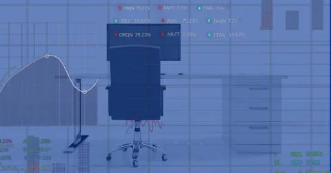 Image of financial data processing over office with computer on desk Stock Photos