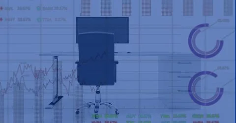 Image of financial data processing over office with computer on desk Stock Photos