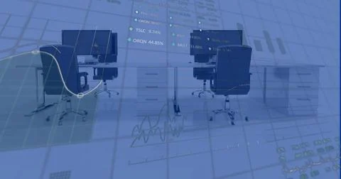 Image of financial data processing over office with computers on desks Foto stock