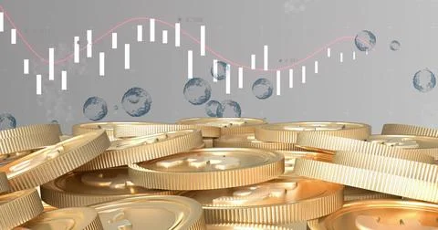 Image of financial data processing over stack of gold coins Stockfoto's