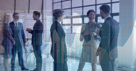Image of financial data processing over diverse business people having meeting Stock Photos