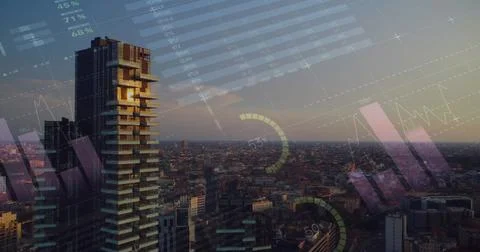 Image of financial data processing over high voltage lines Foto stock