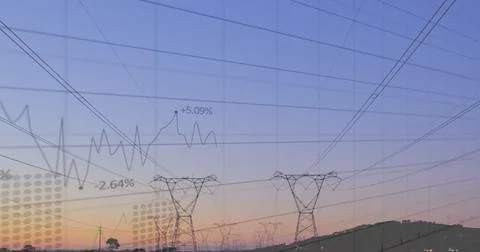 Image of financial data processing over high voltage lines Foto stock