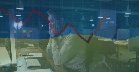 Image of financial data processing over caucasian businessman using computer in 스톡 사진