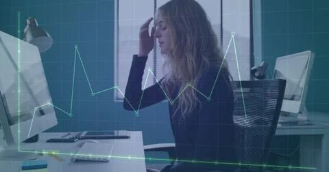 Image of financial data processing over caucasian businesswoman in office Stockfoto's