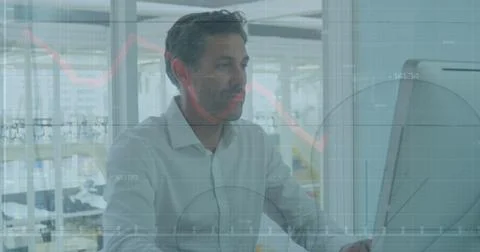 Image of financial data processing over caucasian businessman using computer in Stock Photos