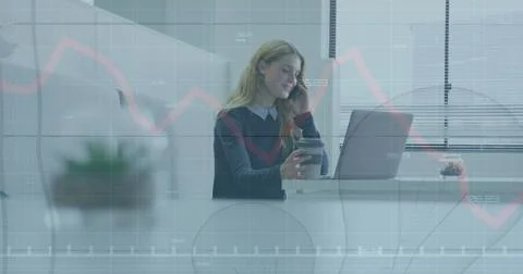 Image of financial data processing over caucasian businesswoman using computer Stock Photos
