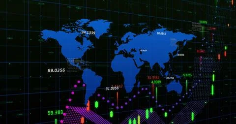 Image of financial data processing over world map Stock Photos