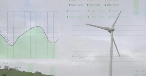 Image of financial data processing over wind turbine in countryside 写真素材