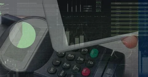 Image of financial data processing over smartphone and payment terminal Stock Photos