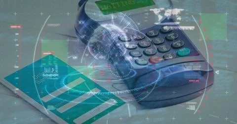 Image of financial data processing over smartphone and payment terminal Stock Photos