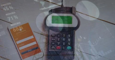 Image of financial data processing over smartphone and payment terminal Stock Photos