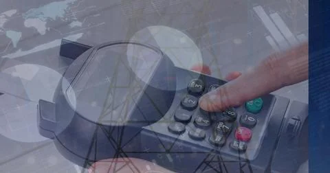 Image of financial data processing over woman using payment terminal Stock Photos