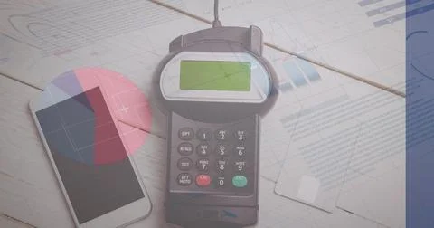 Image of financial data processing over smartphone and payment terminal Stock Photos