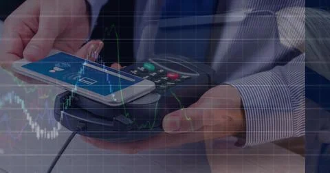 Image of financial data processing over man with smartphone and payment terminal Stock Photos