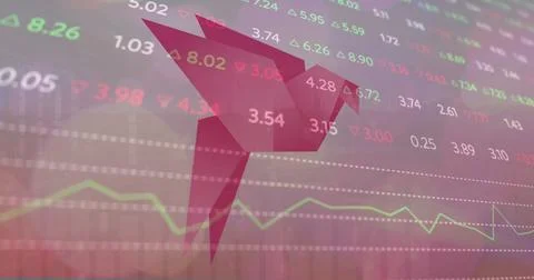 Image of financial data processing over pink paper bird Stock Photos