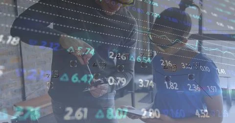 Image of financial data processing over man and apprentice working in workshop Foto stock