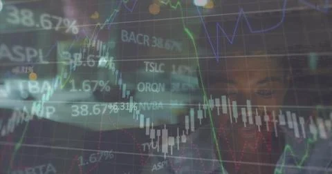Image of financial data processing over man working in office Stock Photos