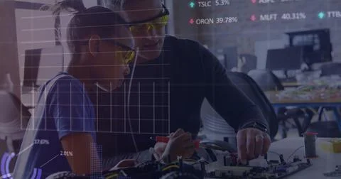 Image of financial data processing over man and apprentice working in workshop 스톡 사진