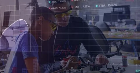 Image of financial data processing over man and apprentice working in workshop Stock Photos