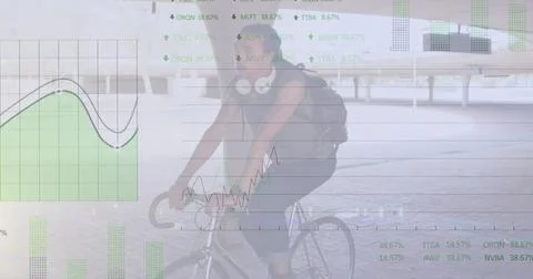 Image of financial data processing over biracial man riding a bike Stock Photos