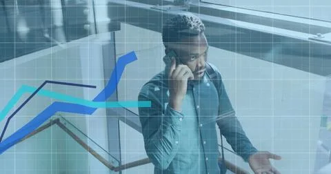 Image of financial data processing over african american businessman using Stock Photos