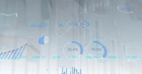 Image of financial data processing over diverse business people in office Foto stock