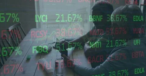 Image of financial data processing over delivery man and van Stock Photos