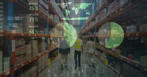 Image of financial data processing over people working in warehouse Foto stock