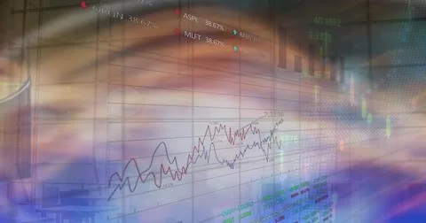 Image of financial data processing over diverse business people walking Foto stock