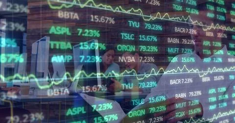 Image of financial data processing over business people using computer 스톡 사진