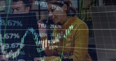 Image of financial data processing over business people using computer Stock Photos