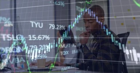 Image of financial data processing over business people using computer Foto stock