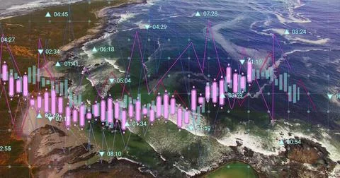 Image of financial data processing over aerial view of sea waves Stock Photos