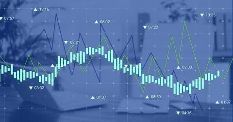 Image of financial data processing over empty office Foto stock