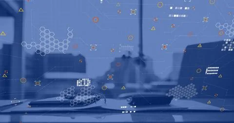 Image of financial data processing over empty office Foto stock