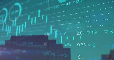 Image of financial data processing over modern office building Stock Photos