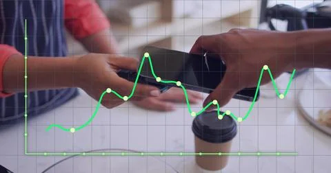 Image of financial data processing over man paying with smartphone Stock Photos