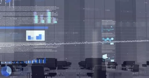 Image of financial data processing over desks in office Foto stock