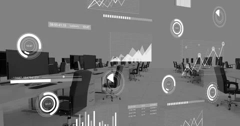 Image of financial data processing over office Stockfoto's