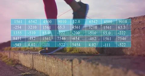 Image of financial data processing over biracial woman running down stairs Stock Photos