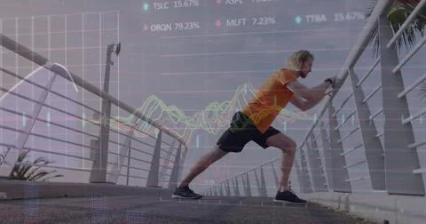 Image of financial data processing over caucasian man stretching Stock Photos