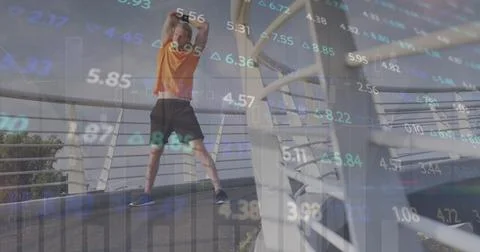 Image of financial data processing over caucasian man stretching 스톡 사진