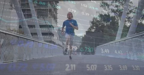 Image of financial data processing over caucasian man running Stock Photos
