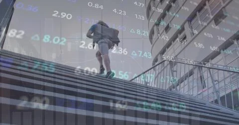 Image of financial data processing over caucasian man running Foto stock